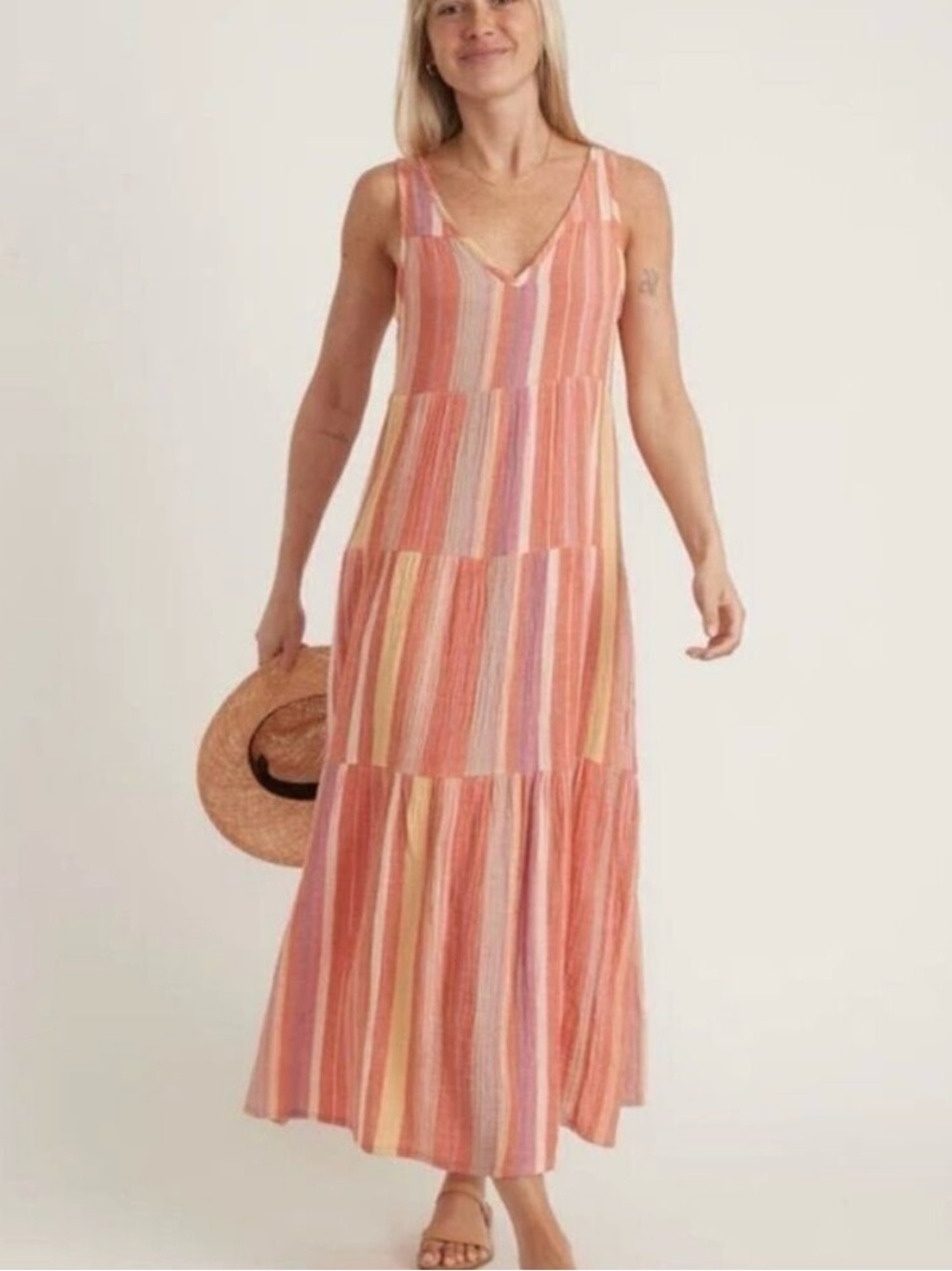 Sleeveless Striped Maxi Dress in Coral Multi